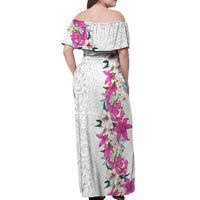 Hawaii Tropical Leaves and Flowers Off Shoulder Maxi Dress Tribal Polynesian Pattern White Style