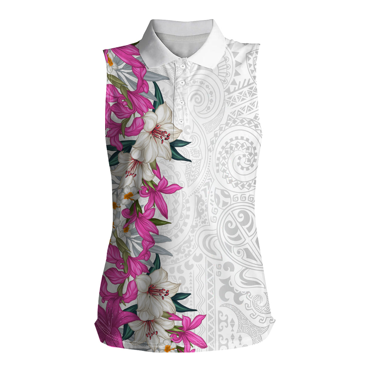 Hawaii Tropical Leaves and Flowers Women Sleeveless Polo Shirt Tribal Polynesian Pattern White Style LT03 Female White - Polynesian Pride