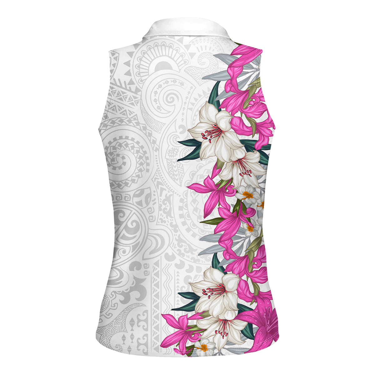Hawaii Tropical Leaves and Flowers Women Sleeveless Polo Shirt Tribal Polynesian Pattern White Style LT03 - Polynesian Pride