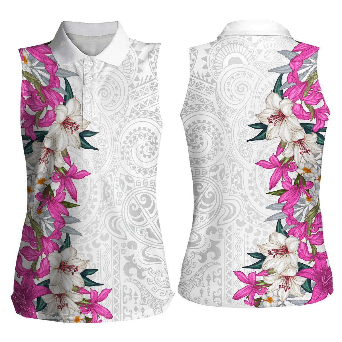 Hawaii Tropical Leaves and Flowers Women Sleeveless Polo Shirt Tribal Polynesian Pattern White Style LT03 - Polynesian Pride