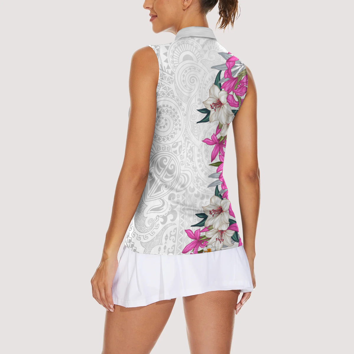 Hawaii Tropical Leaves and Flowers Women Sleeveless Polo Shirt Tribal Polynesian Pattern White Style LT03 - Polynesian Pride