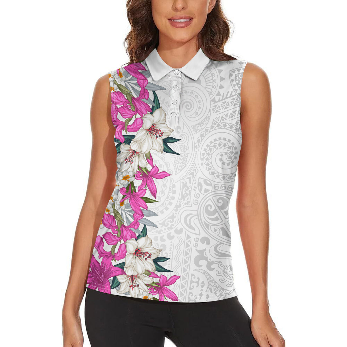 Hawaii Tropical Leaves and Flowers Women Sleeveless Polo Shirt Tribal Polynesian Pattern White Style LT03 - Polynesian Pride