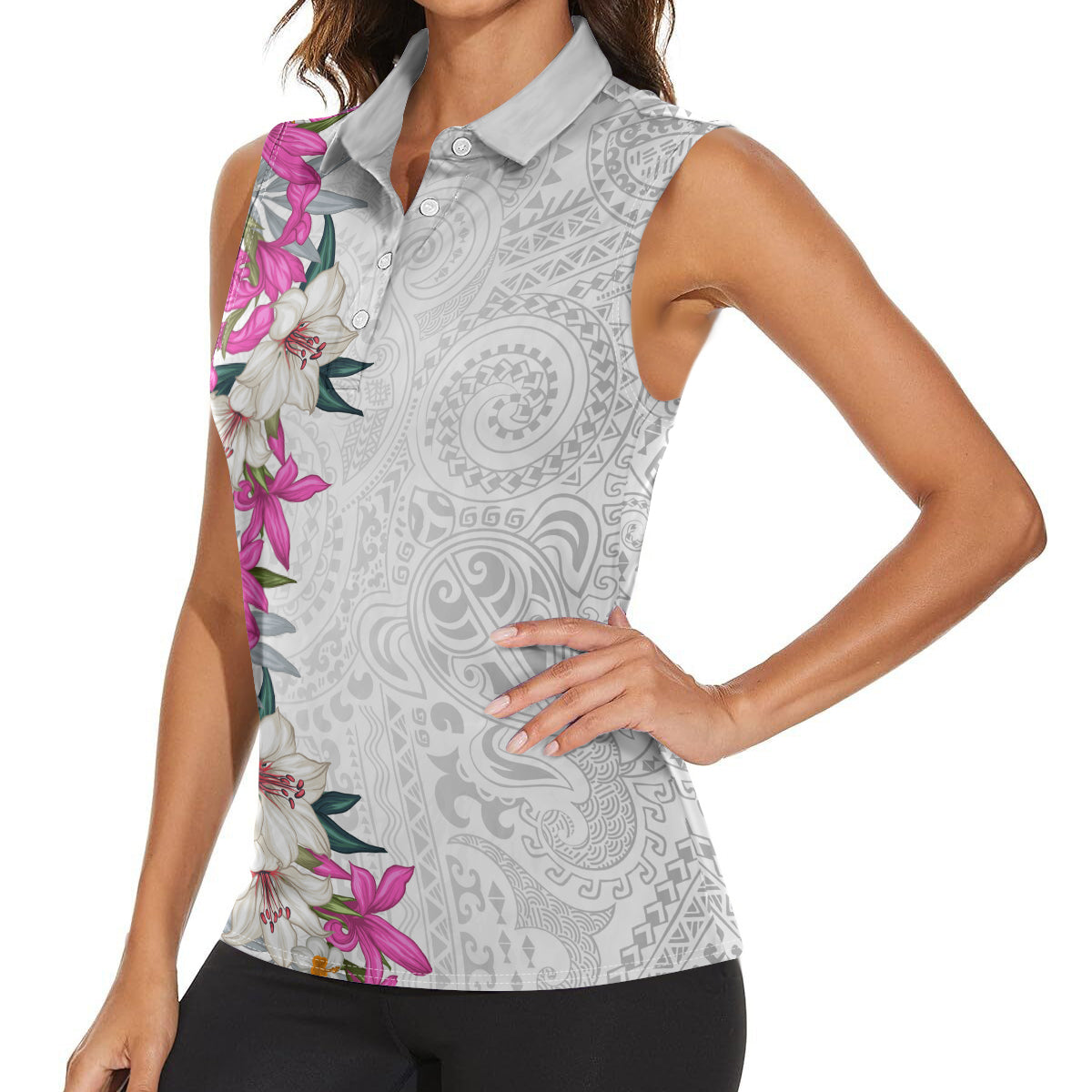 Hawaii Tropical Leaves and Flowers Women Sleeveless Polo Shirt Tribal Polynesian Pattern White Style LT03 - Polynesian Pride