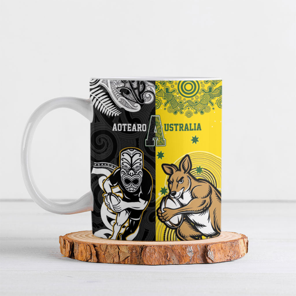 Aotearoa New Zealand and Australia Rugby Personalized Ceramic Mug Maori Koru and Aboriginal Dot Art Cultural Heritage