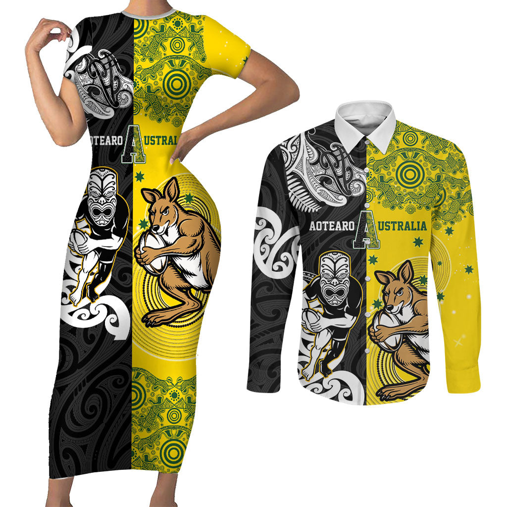 Aotearoa New Zealand and Australia Rugby Personalized Couples Matching Short Sleeve Bodycon Dress and Long Sleeve Button Shirt Maori Koru and Aboriginal Dot Art Cultural Heritage