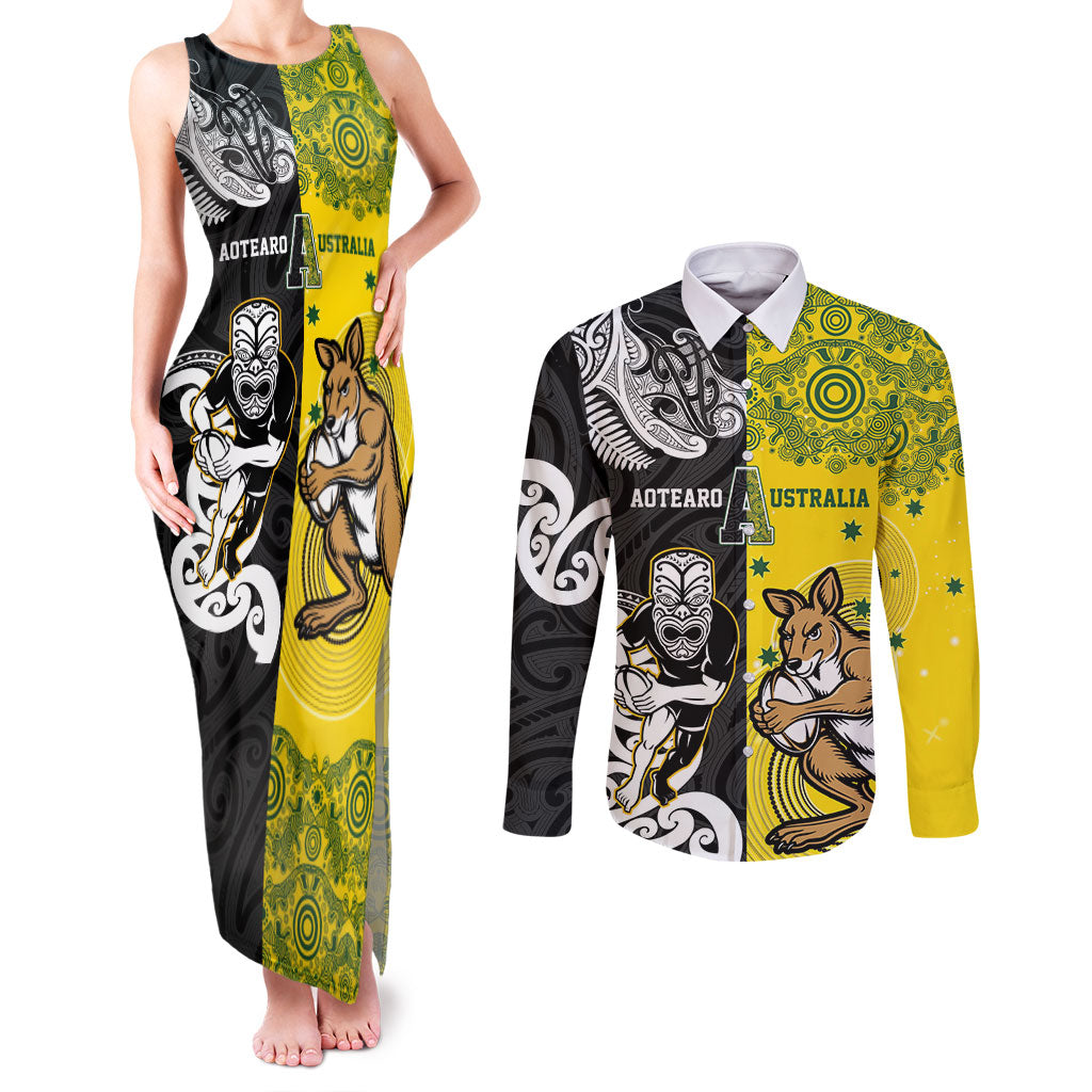 Aotearoa New Zealand and Australia Rugby Personalized Couples Matching Tank Maxi Dress and Long Sleeve Button Shirt Maori Koru and Aboriginal Dot Art Cultural Heritage