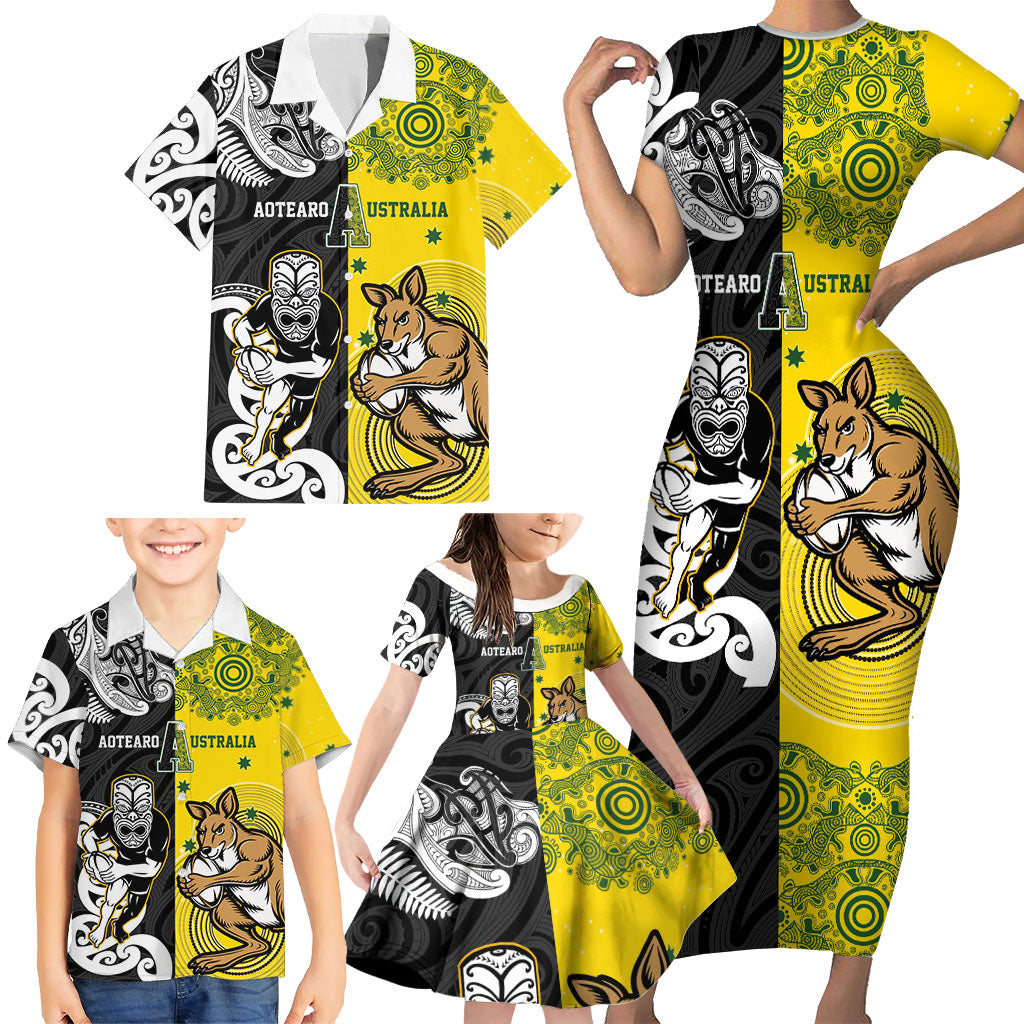 Aotearoa New Zealand and Australia Rugby Personalized Family Matching Short Sleeve Bodycon Dress and Hawaiian Shirt Maori Koru and Aboriginal Dot Art Cultural Heritage
