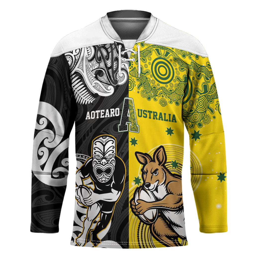 Aotearoa New Zealand and Australia Rugby Personalized Hockey Jersey Maori Koru and Aboriginal Dot Art Cultural Heritage