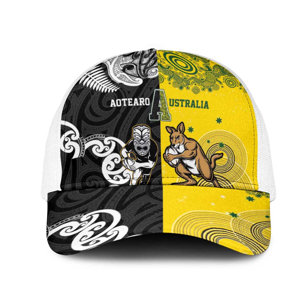 Aotearoa New Zealand and Australia Rugby Mesh Trucker Cap Maori Koru and Aboriginal Dot Art Cultural Heritage