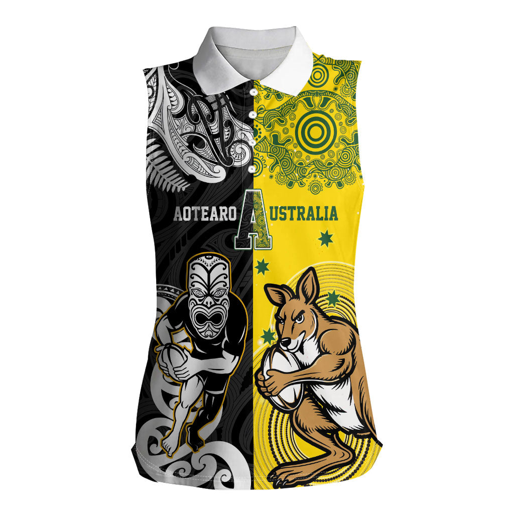 Aotearoa New Zealand and Australia Rugby Personalized Women Sleeveless Polo Shirt Maori Koru and Aboriginal Dot Art Cultural Heritage