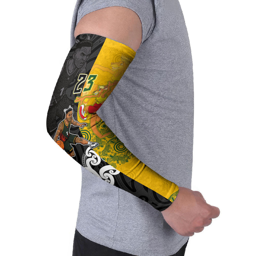 Aotearoa New Zealand And Australia Basketball Custom Arm Sleeves Maori Tribal Tattoo And Aboriginal Dot Art Heritage LT03 - Polynesian Pride