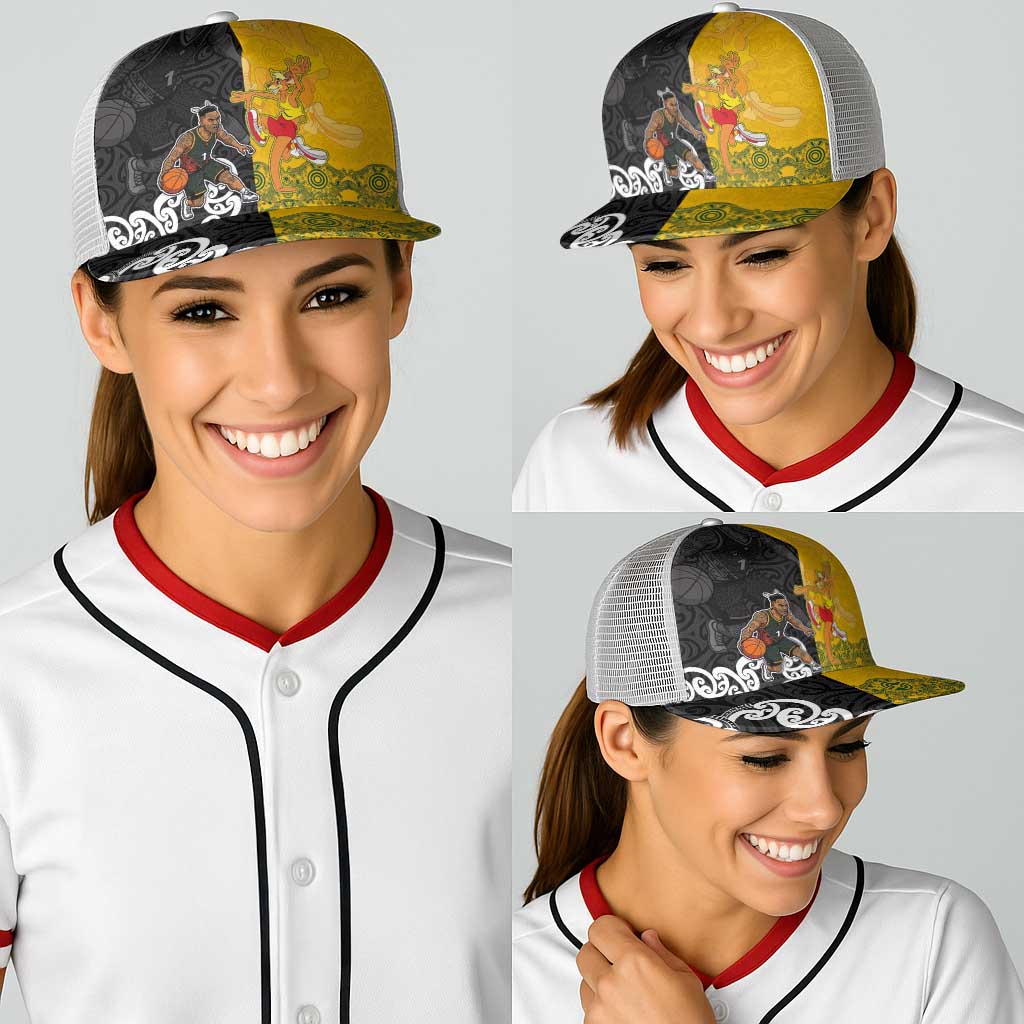 Aotearoa New Zealand And Australia Basketball Baseball Net Cap Maori Tribal Tattoo And Aboriginal Dot Art Heritage LT03 - Polynesian Pride