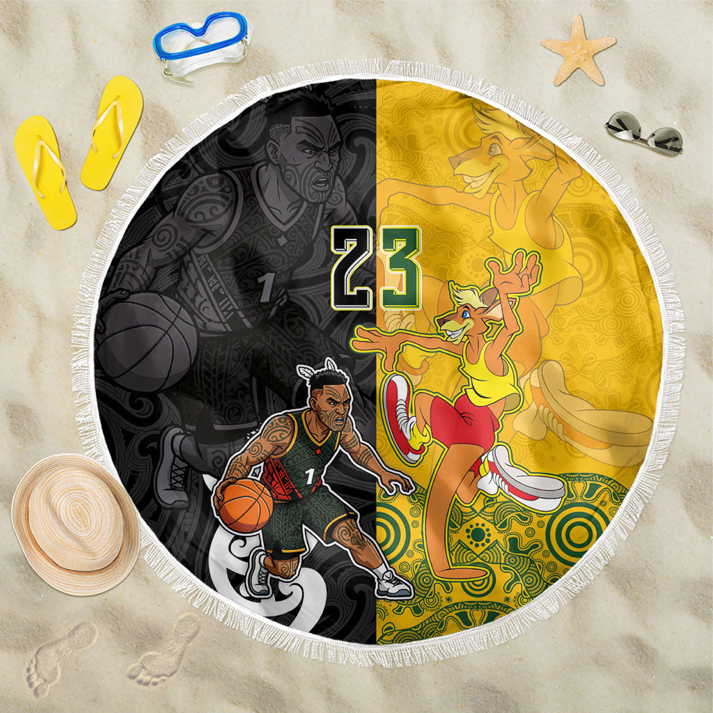 Aotearoa New Zealand And Australia Basketball Custom Beach Blanket Maori Tribal Tattoo And Aboriginal Dot Art Heritage