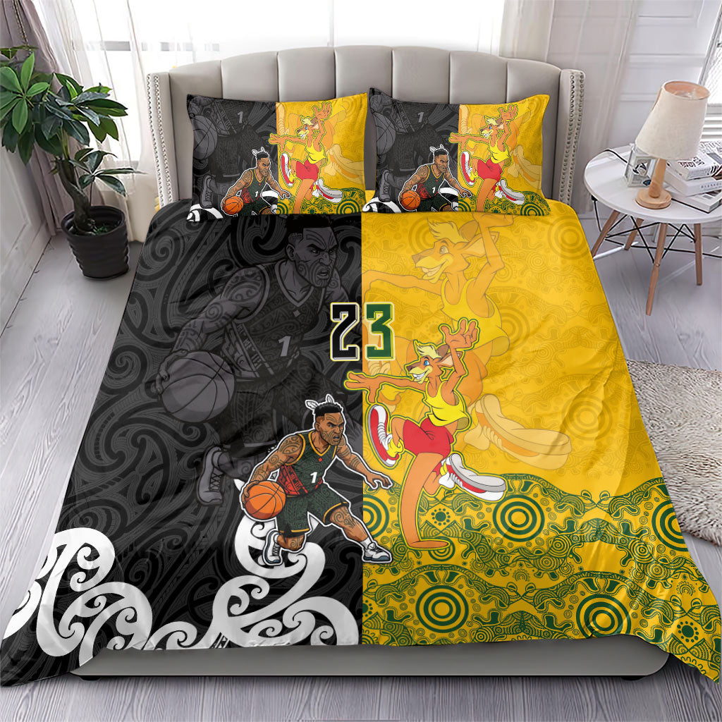 Aotearoa New Zealand And Australia Basketball Custom Bedding Set Maori Tribal Tattoo And Aboriginal Dot Art Heritage LT03 - Polynesian Pride