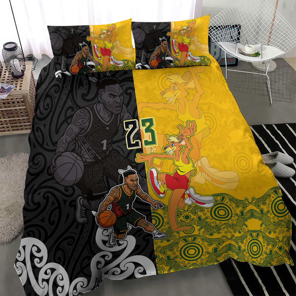 Aotearoa New Zealand And Australia Basketball Custom Bedding Set Maori Tribal Tattoo And Aboriginal Dot Art Heritage LT03 - Polynesian Pride