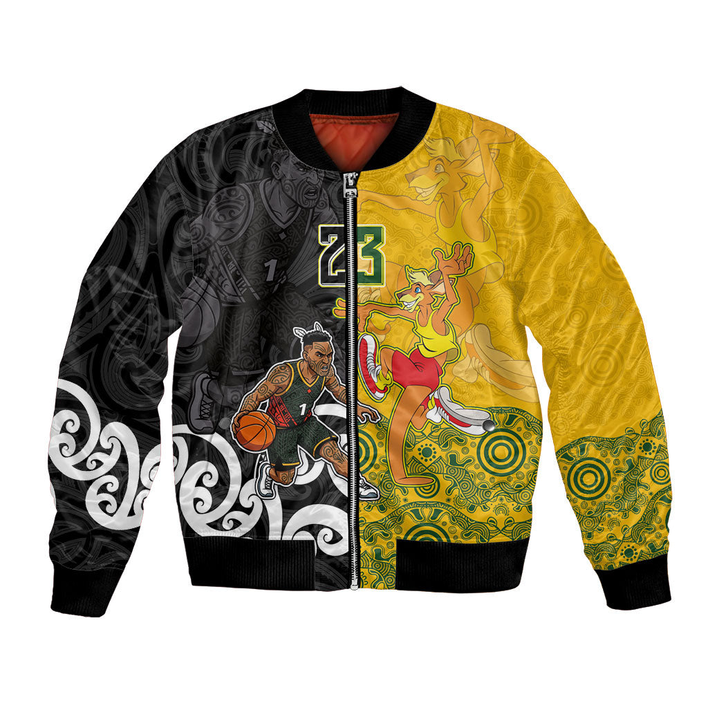Aotearoa New Zealand And Australia Basketball Custom Bomber Jacket Maori Tribal Tattoo And Aboriginal Dot Art Heritage LT03 Unisex Multicolor - Polynesian Pride