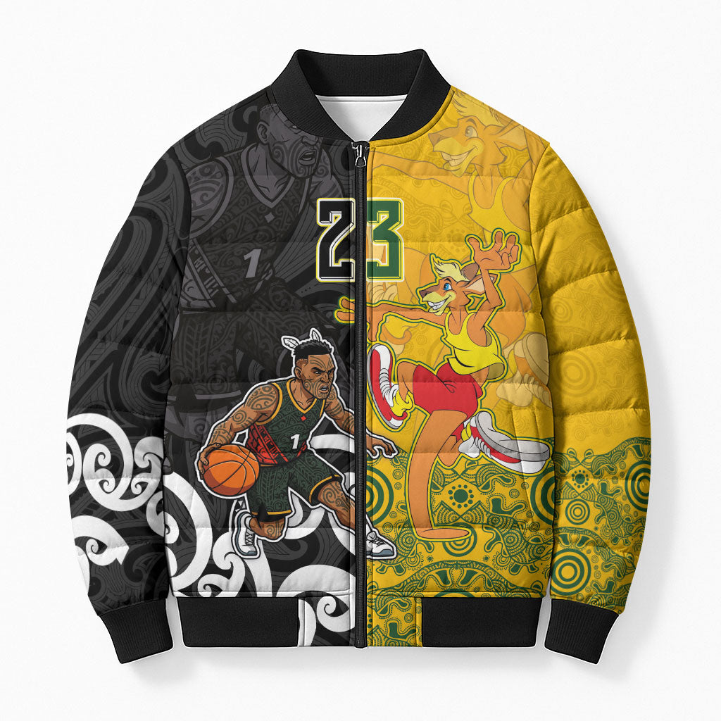 Aotearoa New Zealand And Australia Basketball Custom Bomber Puffer Jacket Maori Tribal Tattoo And Aboriginal Dot Art Heritage