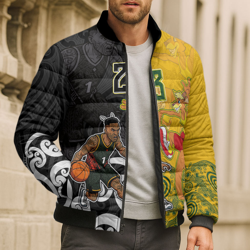Aotearoa New Zealand And Australia Basketball Custom Bomber Puffer Jacket Maori Tribal Tattoo And Aboriginal Dot Art Heritage LT03 - Polynesian Pride