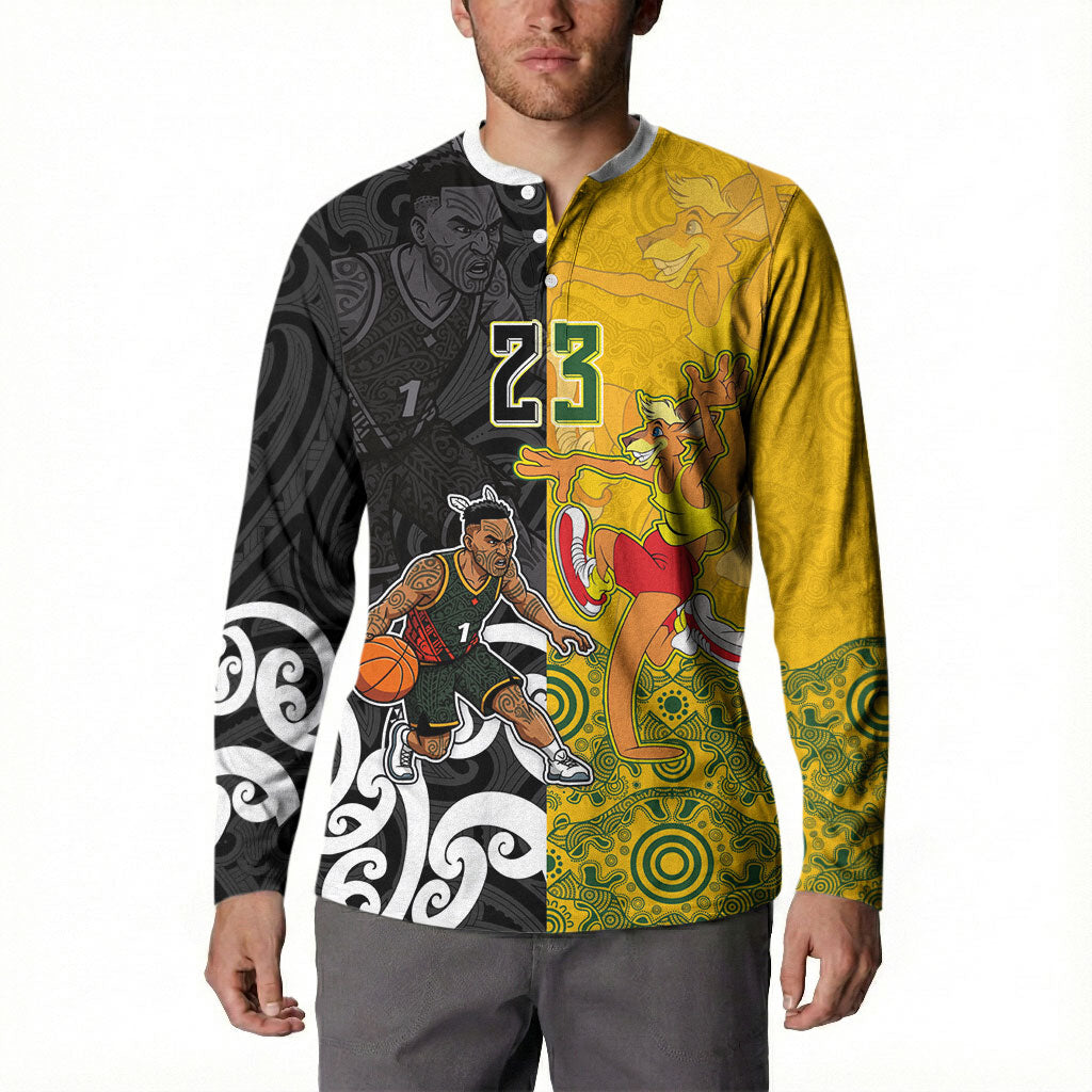 Aotearoa New Zealand And Australia Basketball Custom Button Sweatshirt Maori Tribal Tattoo And Aboriginal Dot Art Heritage LT03 - Polynesian Pride