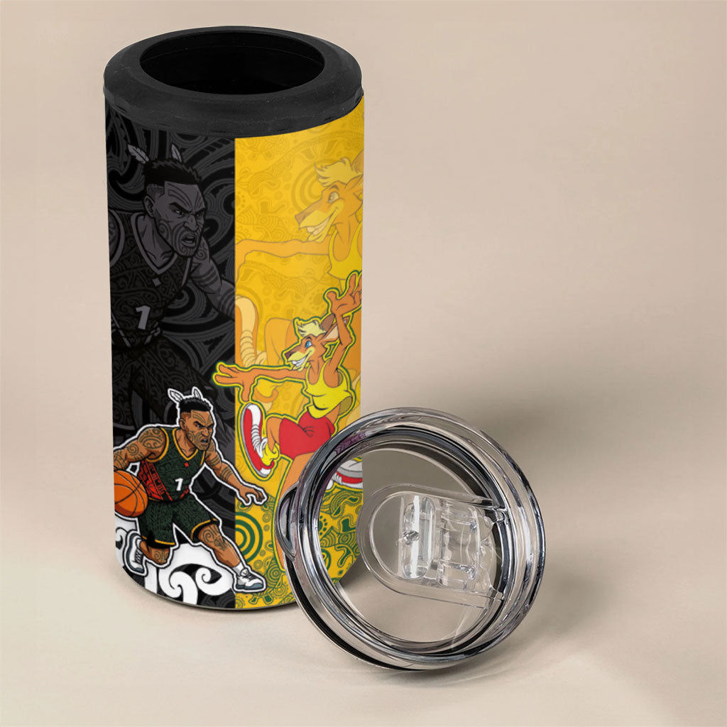 Aotearoa New Zealand And Australia Basketball Custom 4 in 1 Can Cooler Tumbler Maori Tribal Tattoo And Aboriginal Dot Art Heritage LT03 - Polynesian Pride