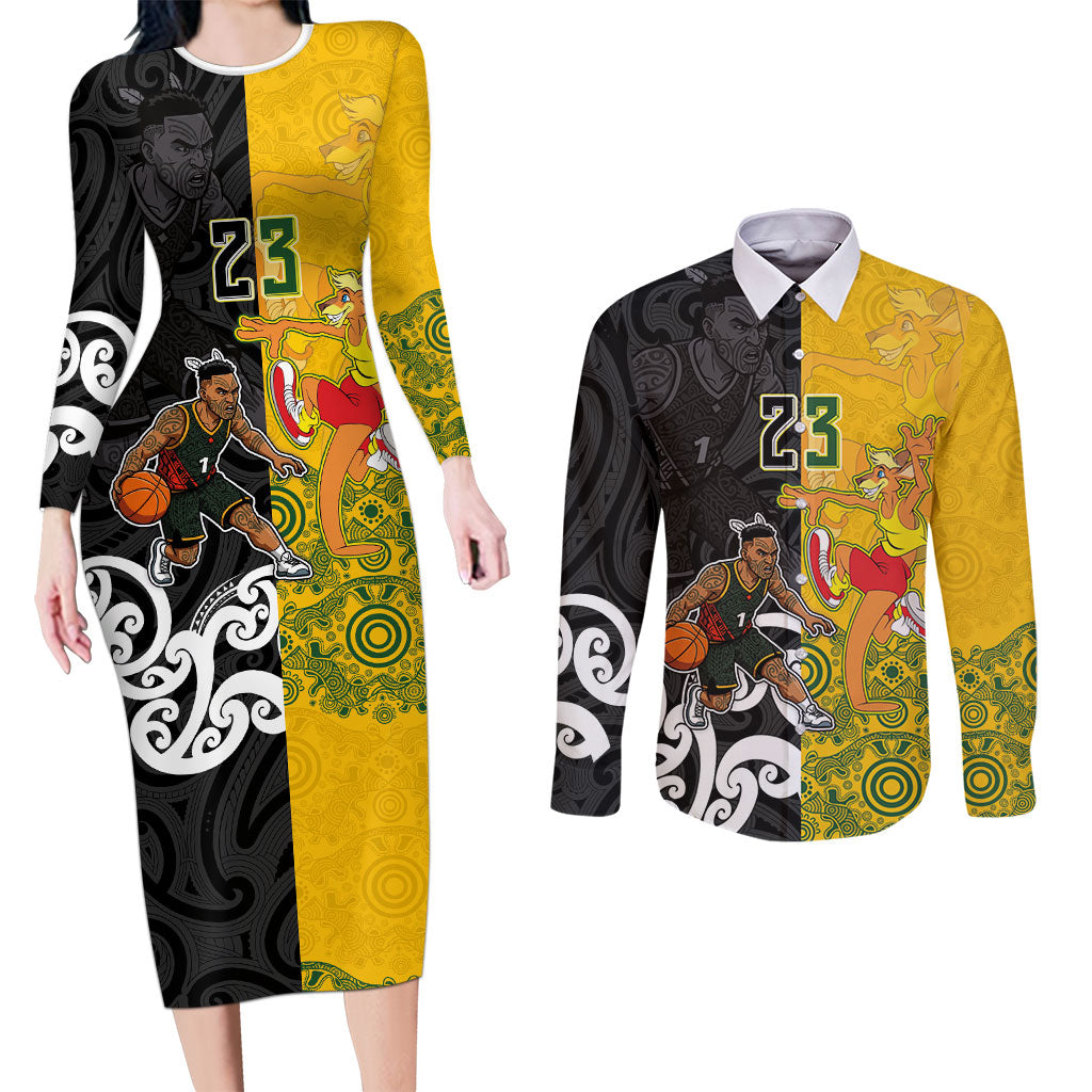 Aotearoa New Zealand And Australia Basketball Custom Couples Matching Long Sleeve Bodycon Dress and Long Sleeve Button Shirt Maori Tribal Tattoo And Aboriginal Dot Art Heritage LT03 Multicolor - Polynesian Pride