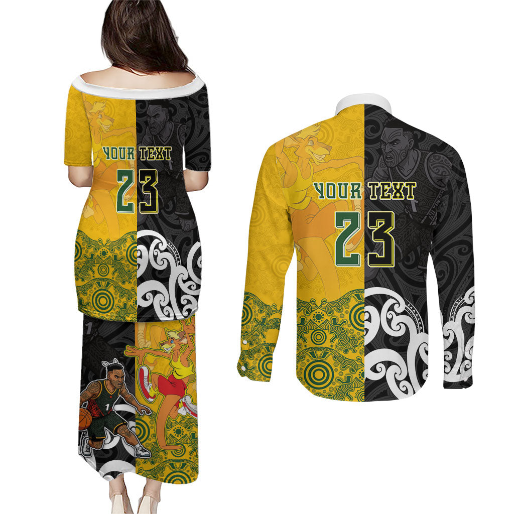 Aotearoa New Zealand And Australia Basketball Custom Couples Matching Puletasi and Long Sleeve Button Shirt Maori Tribal Tattoo And Aboriginal Dot Art Heritage LT03 - Polynesian Pride