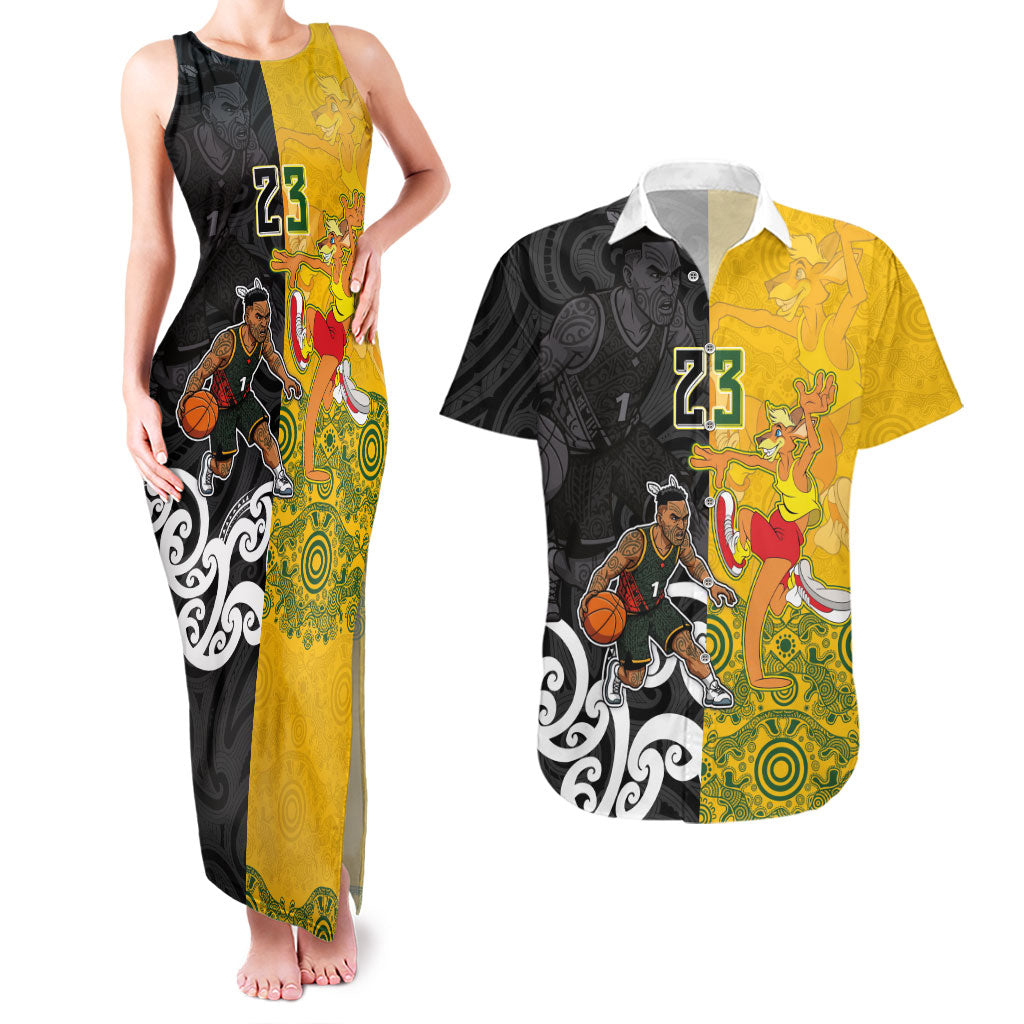Aotearoa New Zealand And Australia Basketball Custom Couples Matching Tank Maxi Dress and Hawaiian Shirt Maori Tribal Tattoo And Aboriginal Dot Art Heritage LT03 Multicolor - Polynesian Pride