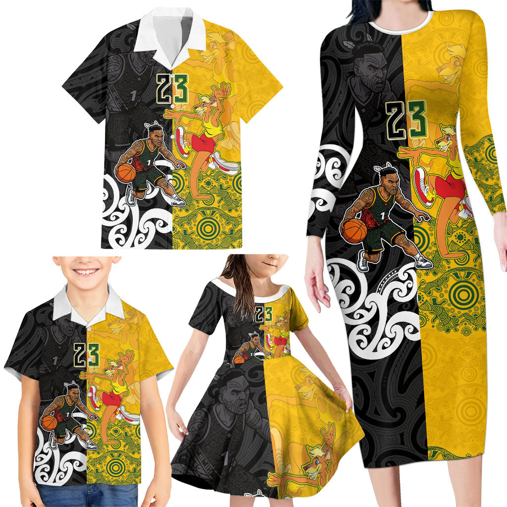 Aotearoa New Zealand And Australia Basketball Custom Family Matching Long Sleeve Bodycon Dress and Hawaiian Shirt Maori Tribal Tattoo And Aboriginal Dot Art Heritage