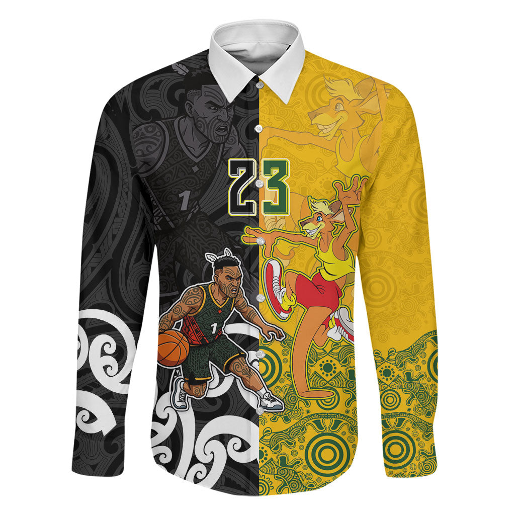 Aotearoa New Zealand And Australia Basketball Custom Family Matching Long Sleeve Bodycon Dress and Hawaiian Shirt Maori Tribal Tattoo And Aboriginal Dot Art Heritage LT03 Dad's Shirt - Long Sleeve Multicolor - Polynesian Pride