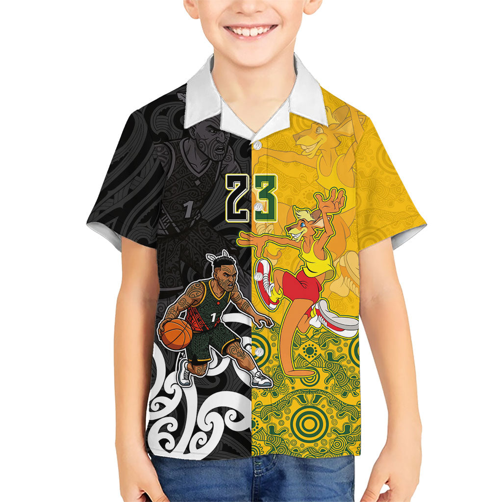 Aotearoa New Zealand And Australia Basketball Custom Family Matching Off Shoulder Maxi Dress and Hawaiian Shirt Maori Tribal Tattoo And Aboriginal Dot Art Heritage LT03 Son's Shirt Multicolor - Polynesian Pride
