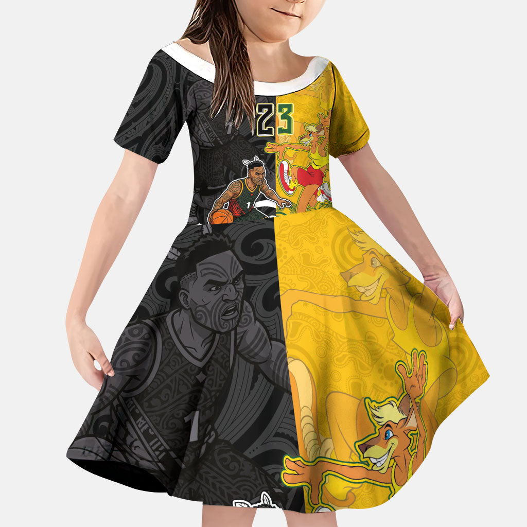 Aotearoa New Zealand And Australia Basketball Custom Family Matching Summer Maxi Dress and Hawaiian Shirt Maori Tribal Tattoo And Aboriginal Dot Art Heritage LT03 Daughter's Dress Multicolor - Polynesian Pride