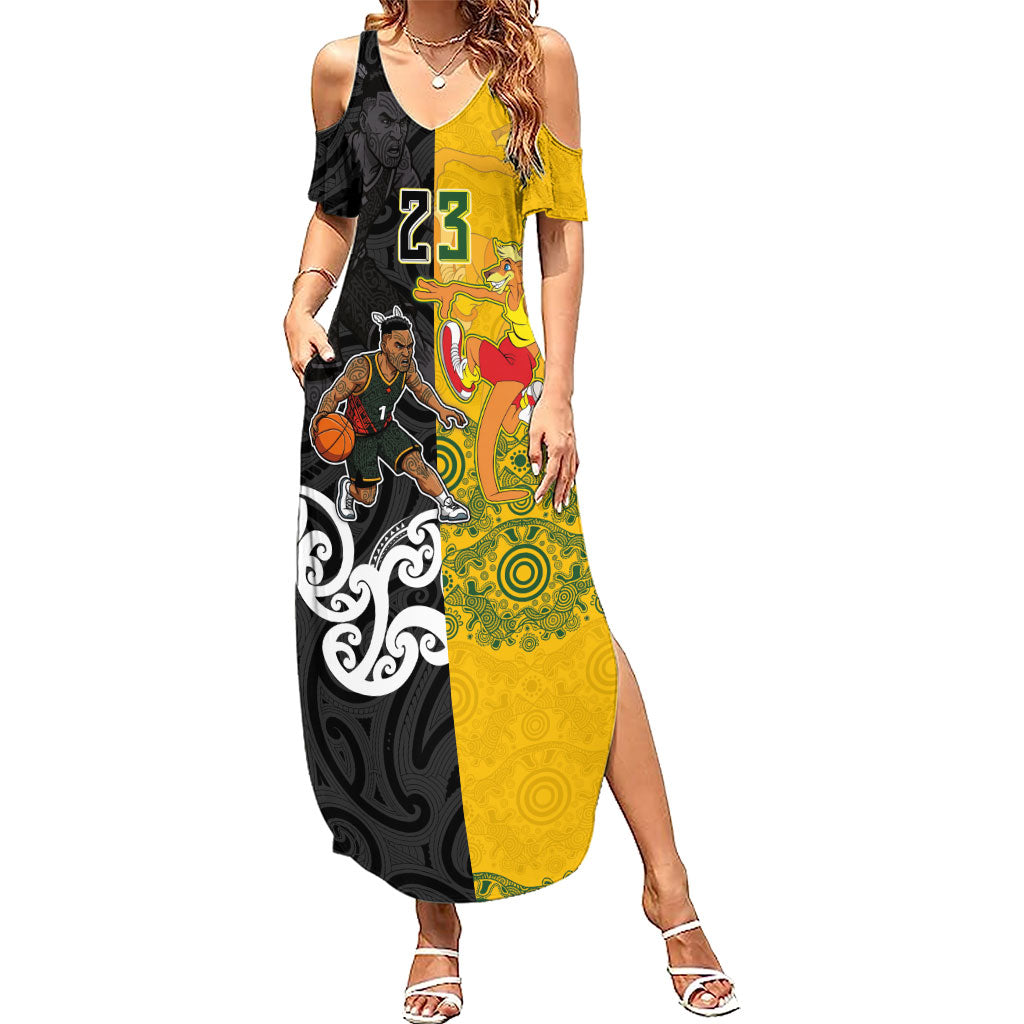 Aotearoa New Zealand And Australia Basketball Custom Family Matching Summer Maxi Dress and Hawaiian Shirt Maori Tribal Tattoo And Aboriginal Dot Art Heritage LT03 Mom's Dress Multicolor - Polynesian Pride