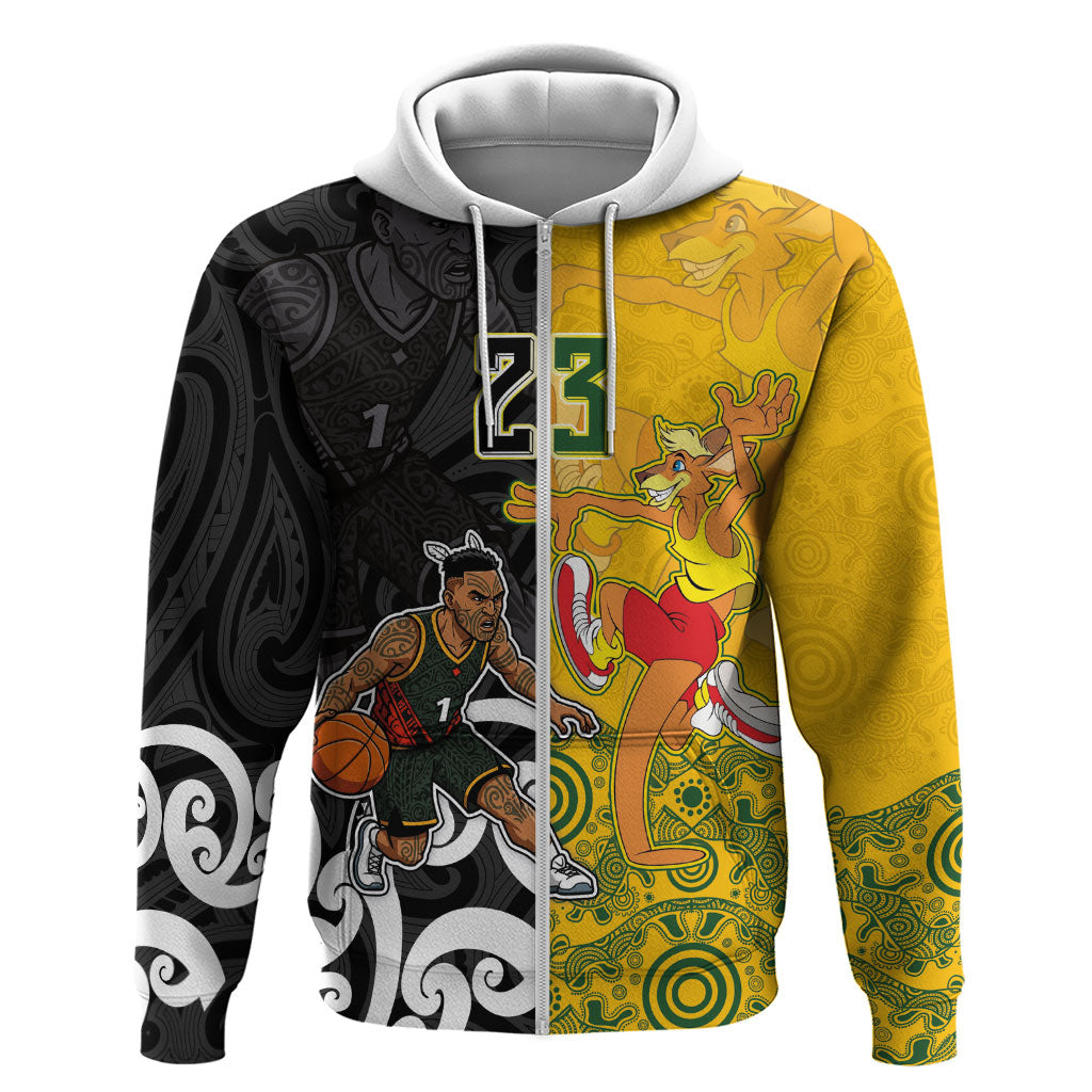 Aotearoa New Zealand And Australia Basketball Custom Hoodie Maori Tribal Tattoo And Aboriginal Dot Art Heritage LT03 Zip Hoodie Multicolor - Polynesian Pride