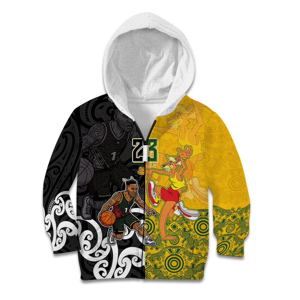 Aotearoa New Zealand And Australia Basketball Custom Kid Hoodie Maori Tribal Tattoo And Aboriginal Dot Art Heritage LT03 Zip Hoodie Multicolor - Polynesian Pride