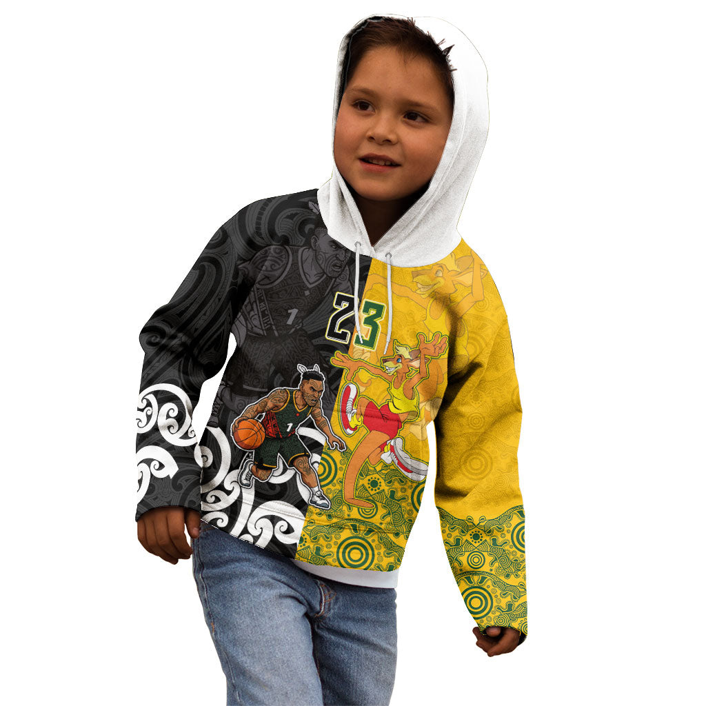 Aotearoa New Zealand And Australia Basketball Custom Kid Hoodie Maori Tribal Tattoo And Aboriginal Dot Art Heritage LT03 - Polynesian Pride