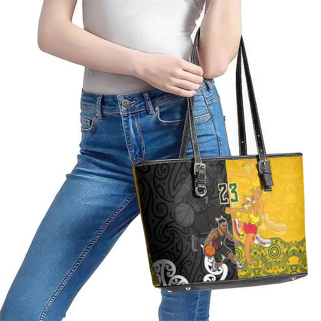 Aotearoa New Zealand And Australia Basketball Custom Leather Tote Bag Maori Tribal Tattoo And Aboriginal Dot Art Heritage LT03 - Polynesian Pride