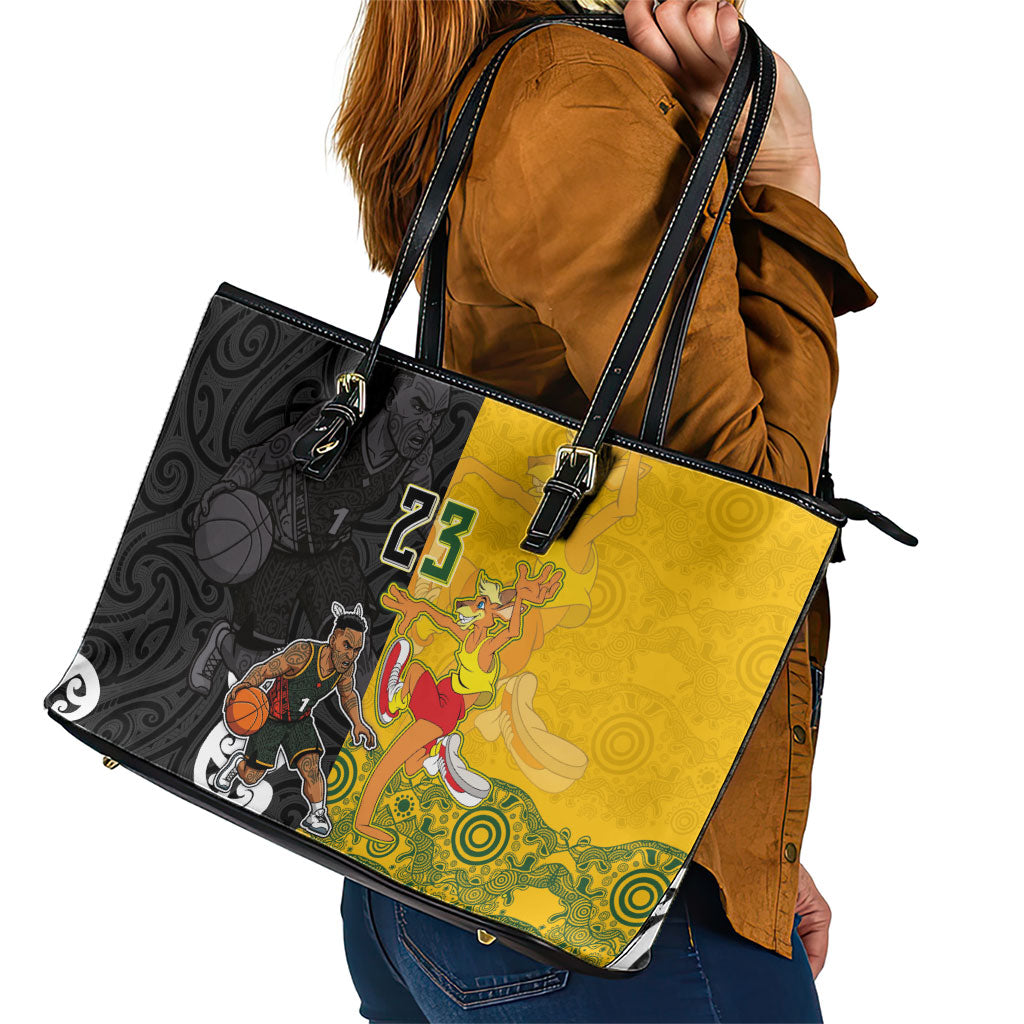 Aotearoa New Zealand And Australia Basketball Custom Leather Tote Bag Maori Tribal Tattoo And Aboriginal Dot Art Heritage LT03 - Polynesian Pride