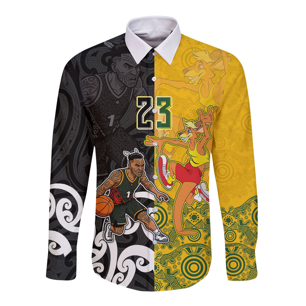 Aotearoa New Zealand And Australia Basketball Custom Long Sleeve Button Shirt Maori Tribal Tattoo And Aboriginal Dot Art Heritage LT03 Unisex Multicolor - Polynesian Pride