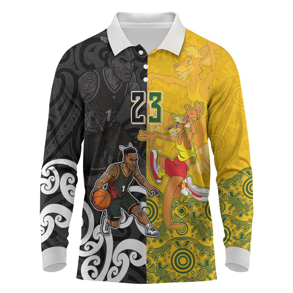 Aotearoa New Zealand And Australia Basketball Custom Long Sleeve Polo Shirt Maori Tribal Tattoo And Aboriginal Dot Art Heritage LT03 Multicolor - Polynesian Pride