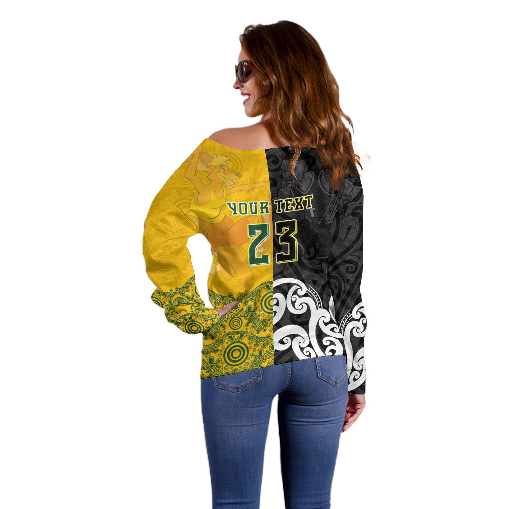 Aotearoa New Zealand And Australia Basketball Custom Off Shoulder Sweater Maori Tribal Tattoo And Aboriginal Dot Art Heritage LT03 - Polynesian Pride