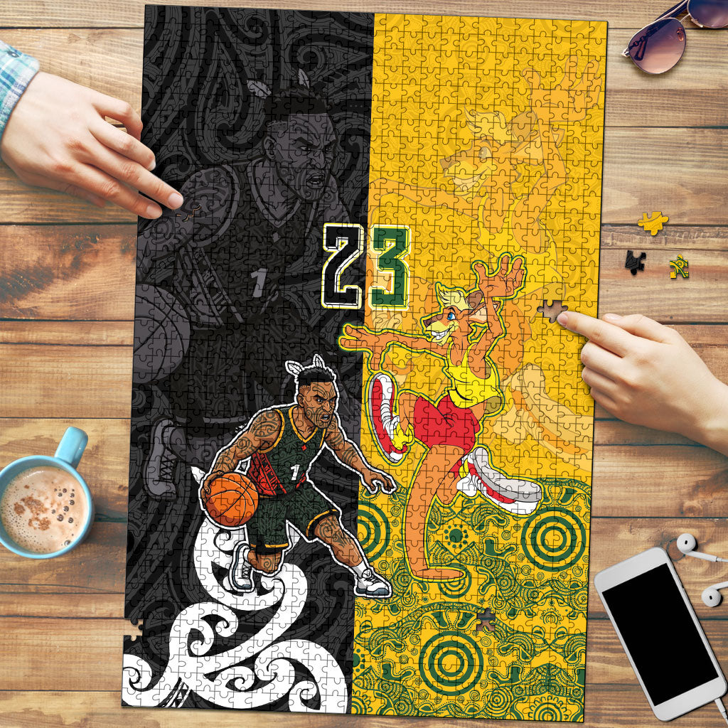 Aotearoa New Zealand And Australia Basketball Custom Puzzle Maori Tribal Tattoo And Aboriginal Dot Art Heritage LT03 Multicolor - Polynesian Pride