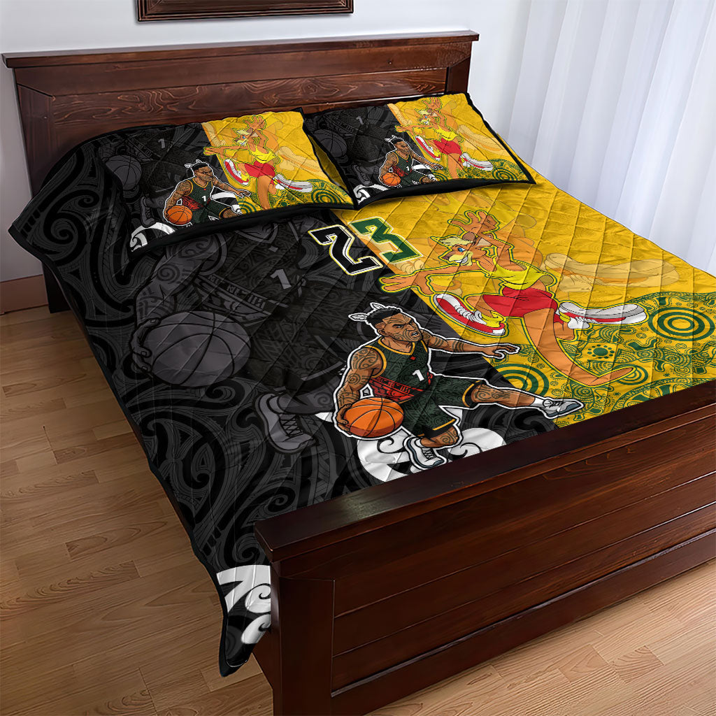 Aotearoa New Zealand And Australia Basketball Custom Quilt Bed Set Maori Tribal Tattoo And Aboriginal Dot Art Heritage LT03 - Polynesian Pride