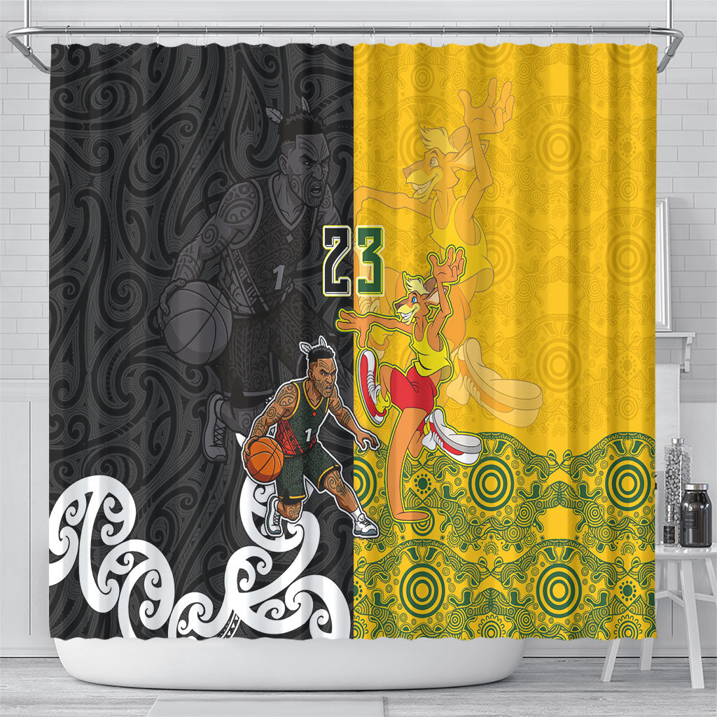 Aotearoa New Zealand And Australia Basketball Custom Shower Curtain Maori Tribal Tattoo And Aboriginal Dot Art Heritage LT03 - Polynesian Pride