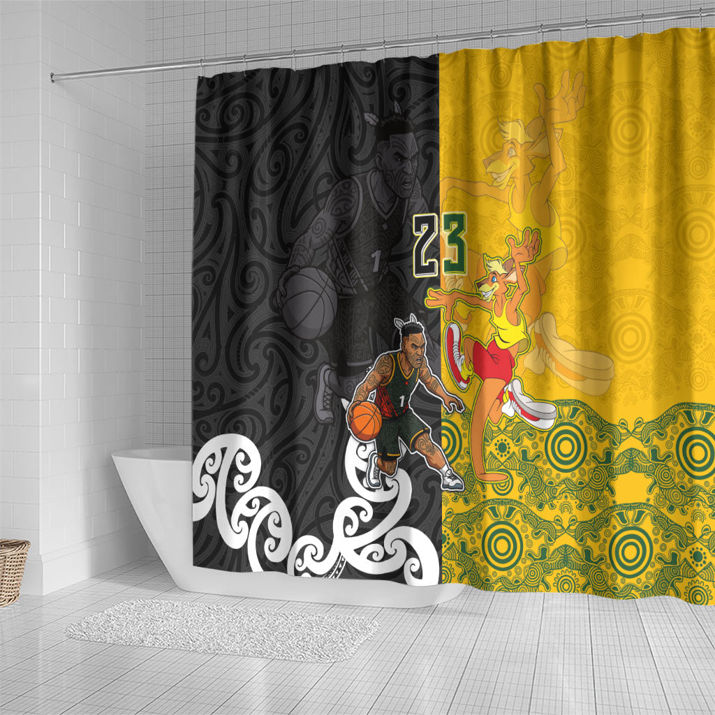 Aotearoa New Zealand And Australia Basketball Custom Shower Curtain Maori Tribal Tattoo And Aboriginal Dot Art Heritage LT03 - Polynesian Pride