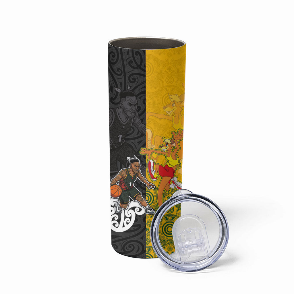 Aotearoa New Zealand And Australia Basketball Custom Skinny Tumbler Maori Tribal Tattoo And Aboriginal Dot Art Heritage LT03 - Polynesian Pride