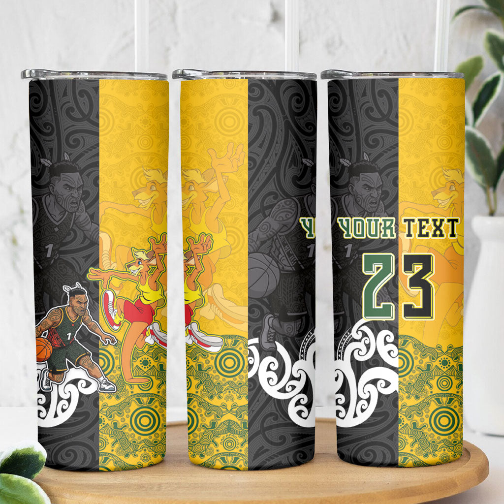 Aotearoa New Zealand And Australia Basketball Custom Skinny Tumbler Maori Tribal Tattoo And Aboriginal Dot Art Heritage LT03 - Polynesian Pride