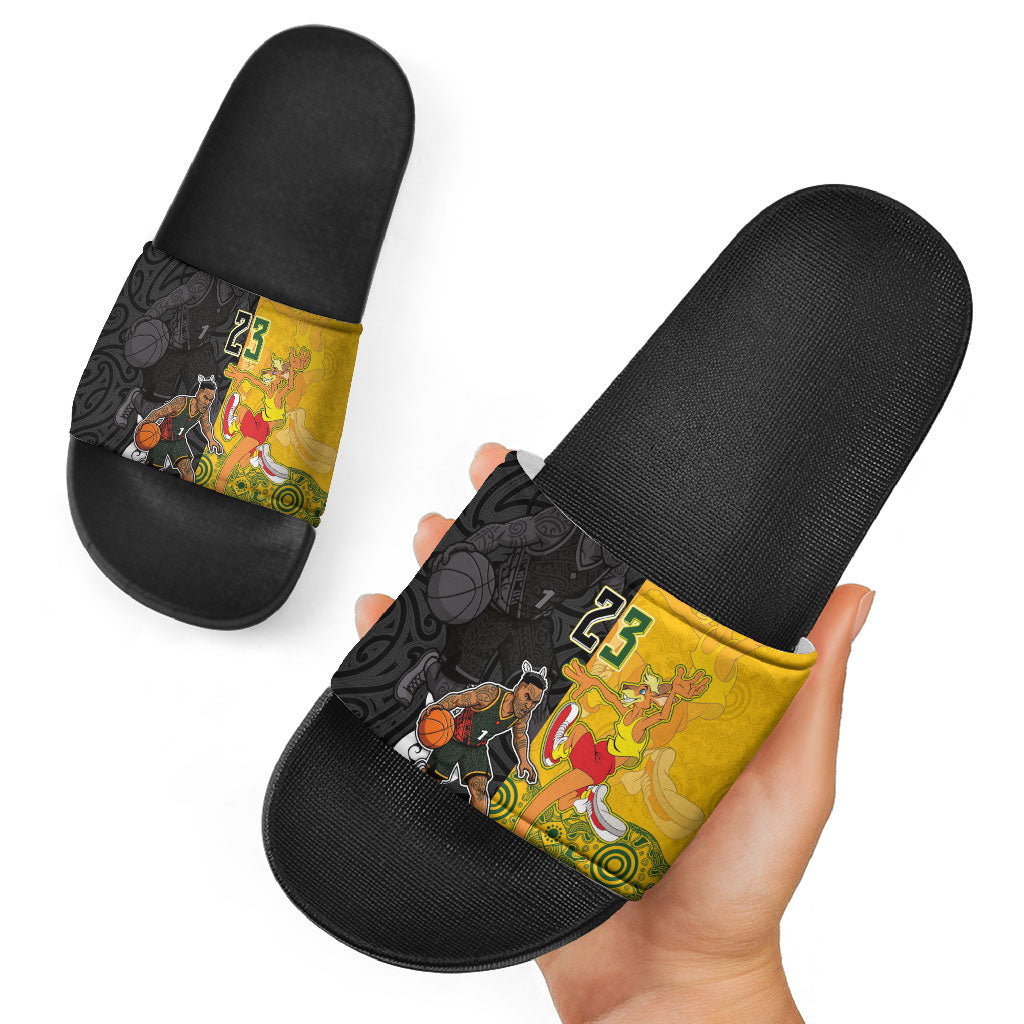 Aotearoa New Zealand And Australia Basketball Custom Slide Sandals Maori Tribal Tattoo And Aboriginal Dot Art Heritage LT03 - Polynesian Pride