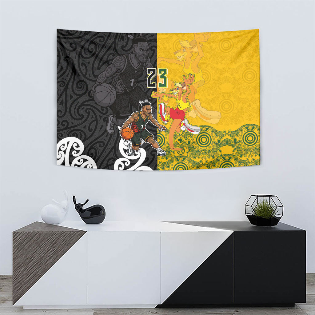 Aotearoa New Zealand And Australia Basketball Custom Tapestry Maori Tribal Tattoo And Aboriginal Dot Art Heritage LT03 - Polynesian Pride