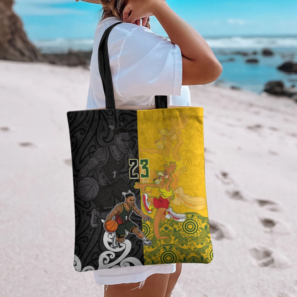 Aotearoa New Zealand And Australia Basketball Custom Tote Bag Maori Tribal Tattoo And Aboriginal Dot Art Heritage LT03 - Polynesian Pride
