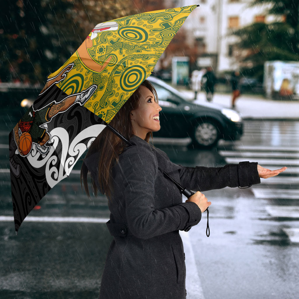 Aotearoa New Zealand And Australia Basketball Custom Umbrella Maori Tribal Tattoo And Aboriginal Dot Art Heritage LT03 - Polynesian Pride